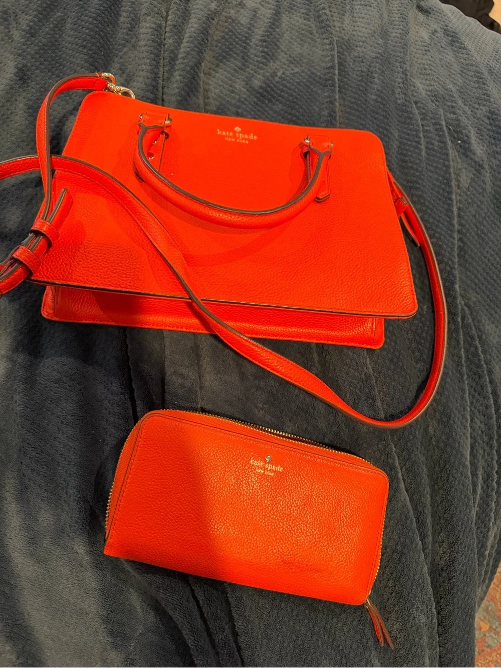kate spade clementine Orange Leather Satchel with Matching Zip Wallet